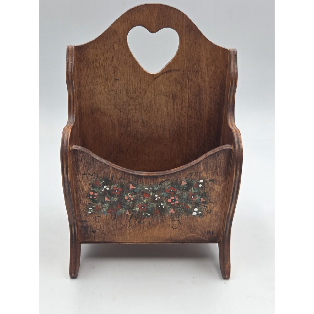 Wooden Napkin Letter Holder Handpainted Flowers Vintage Heart Cottagecore Signed
